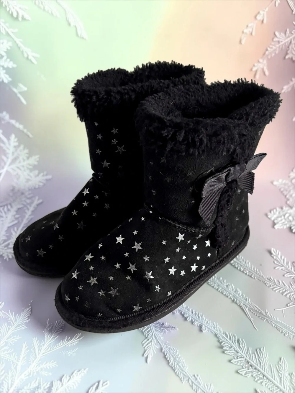 Lily & Dan Black Toddler Girls Star Print Faux‑Suede Winter Boots Size 11/12 EUC